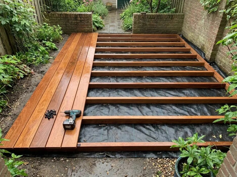 Ipe onderliggers op 40 tot 45 cm afstand op worteldoek, de eerste vlonderplanken liggen erop Ipe onderliggers op 40 tot 45 cm afstand op worteldoek, de eerste vlonderplanken liggen erop