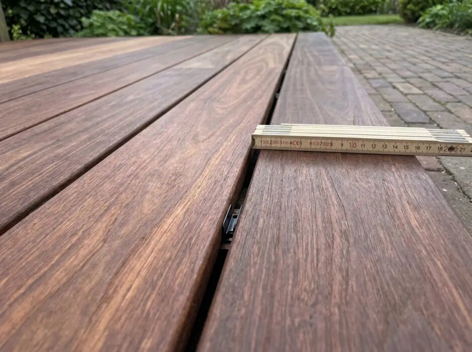 Ipe vlonderplanken met een voeg van 8 mm en een zwarte RVS clip in de groef Ipe vlonderplanken met een voeg van 8 mm en een zwarte RVS clip in de groef
