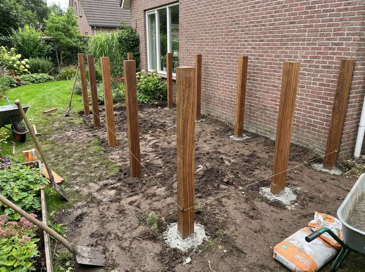 Azobe houten palen stevig verankerd in de grond met sneldrogend beton voor een stabiele vlonderfundering