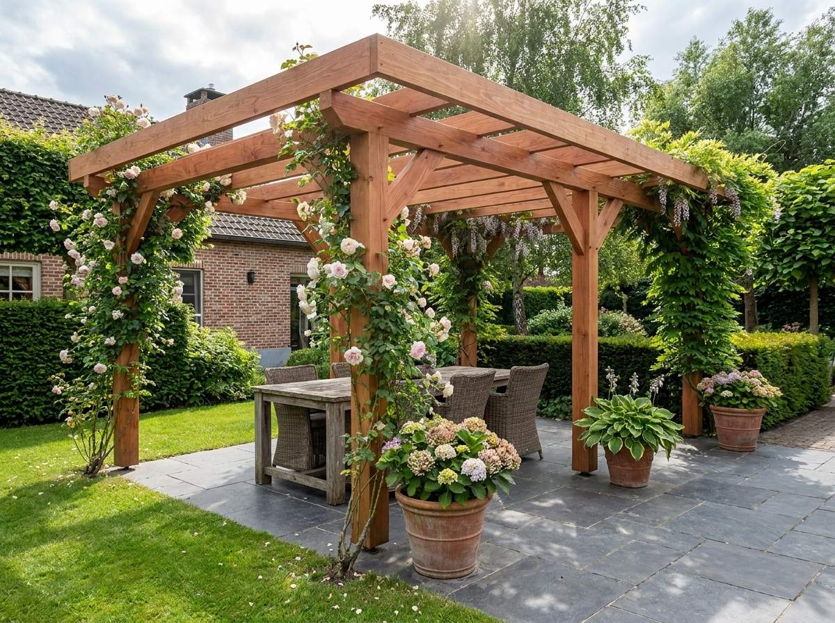 Zelf een houten pergola maken in de tuin Vrijstaande houten pergola van douglas hout begroeid met klimrozen op een modern stenen terras