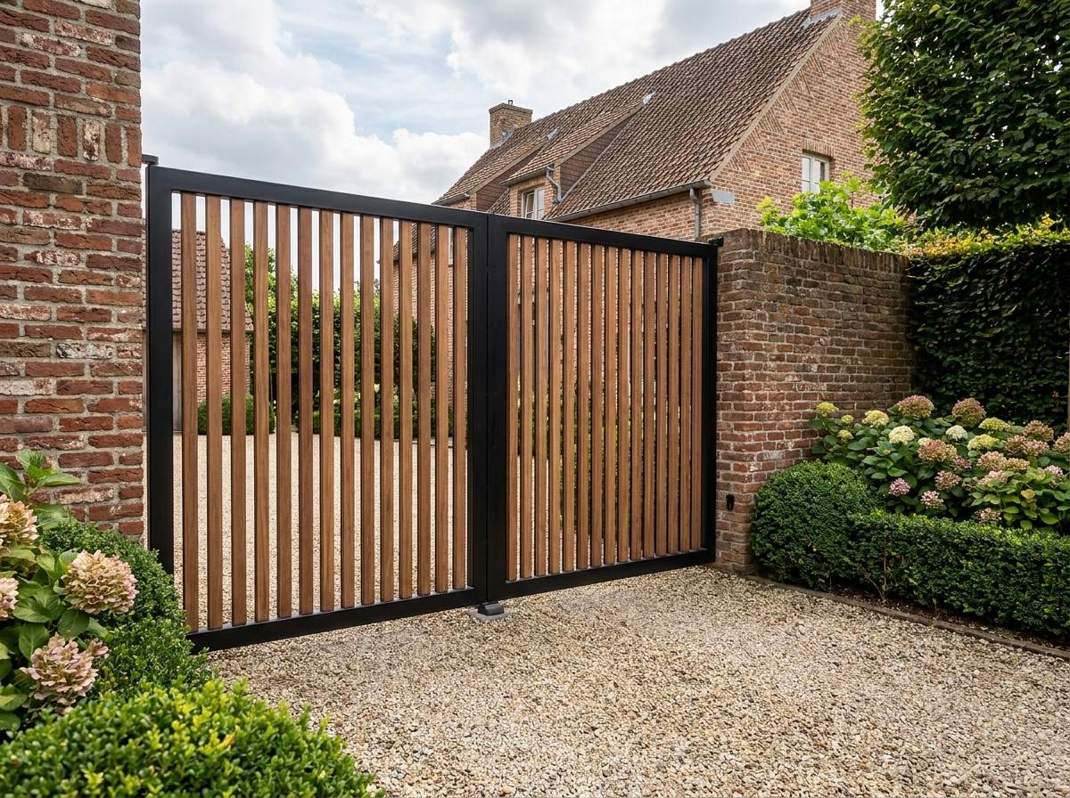 Een dubbele poortdeur van Ipe hout met een stevig zwart stalen frame gemonteerd tussen gemetselde muren