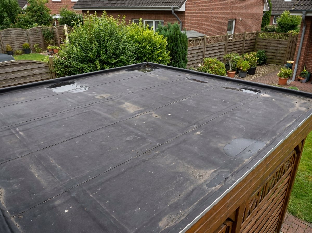 Het platte dak van een houten overkapping afgewerkt met naadloze zwarte EPDM dakbedekking en daktrimmen