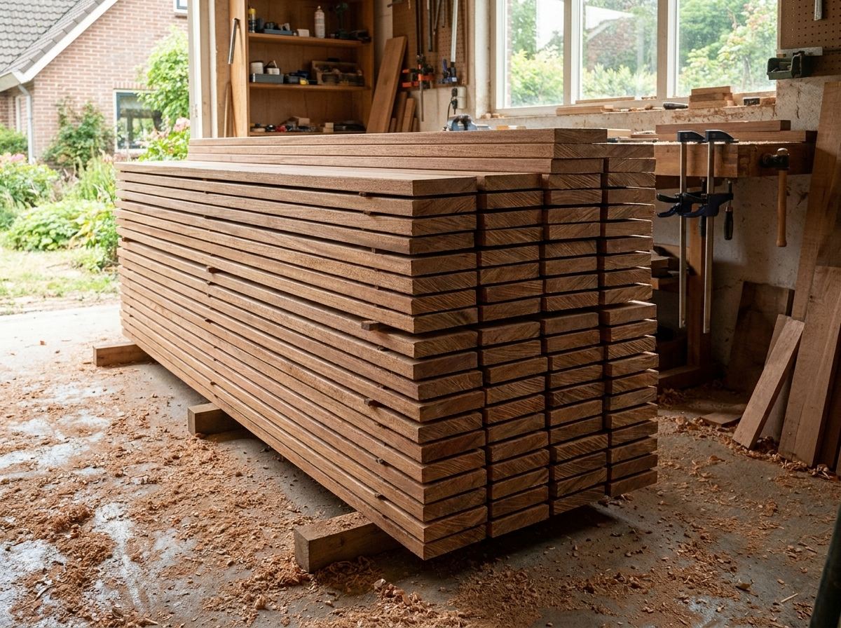 Nette stapel van geschaafde hardhouten planken op maat in de houtwerkplaats