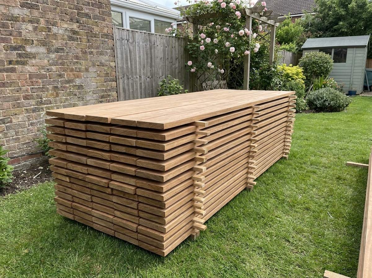 Een nette stapel geschaafde houten planken op maat klaargelegd voor een tuinproject