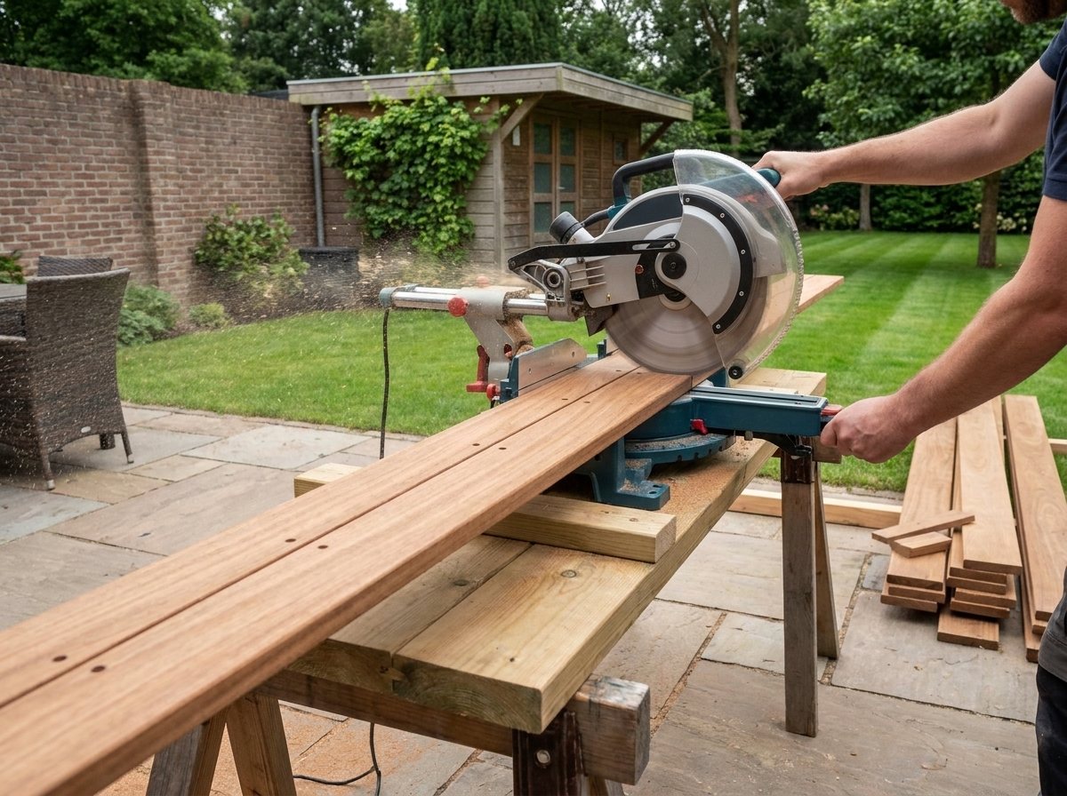Een vakman zaagt houten planken nauwkeurig op maat met een afkortzaag in de tuin