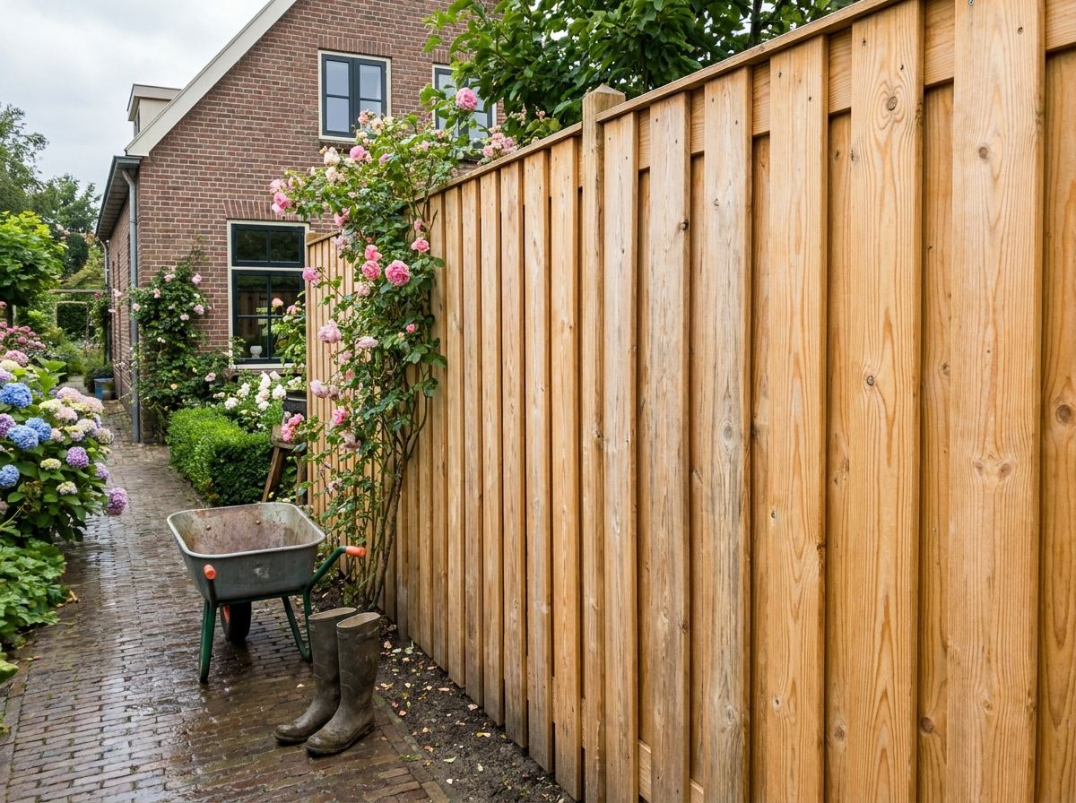 Schutting van lariks in een groene tuin Een sfeervolle tuinafscheiding van duurzaam lariks hout langs een groen tuinpad