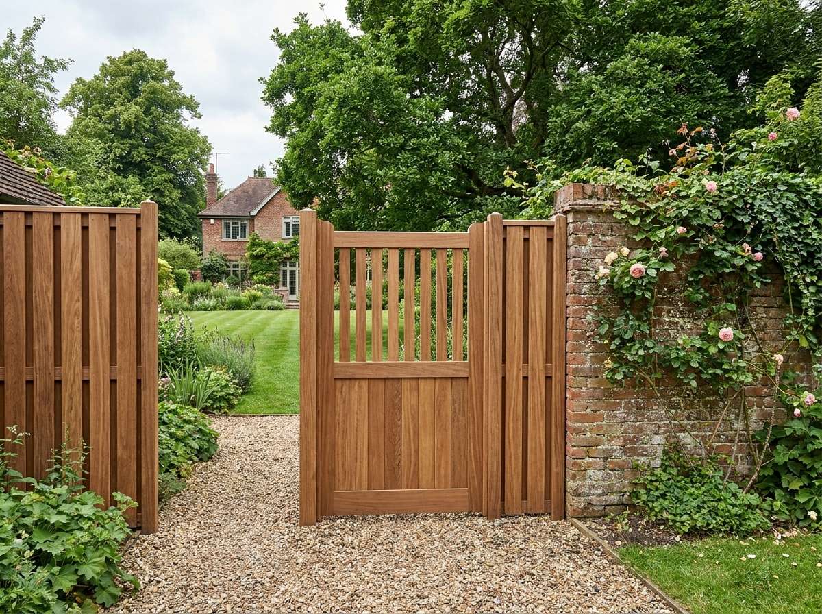 Klassieke Ipe hardhouten poortdeur geplaatst tussen een stenen tuinmuur en sierhekwerk in de tuin
