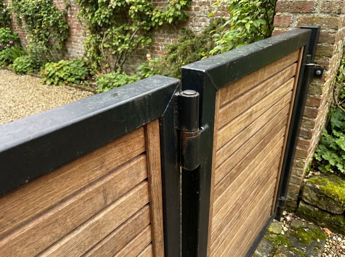 Detail van een stevig scharnier gemonteerd op een Ipe hardhouten poortdeur met stalen frame