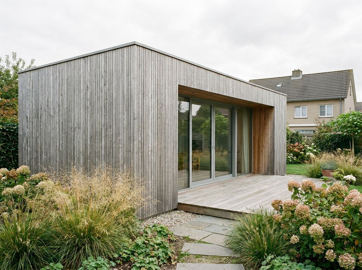 Lariks gevelbekleding en terras bij bijgebouw Modern houten tuingebouw met lariks gevelbekleding en een aansluitend vlonderterras