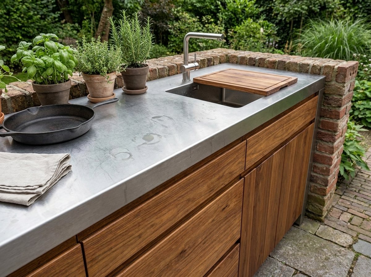 Luxe moderne buitenkeuken met houten fronten en een rvs werkblad met spoelbak in een sfeervolle tuin