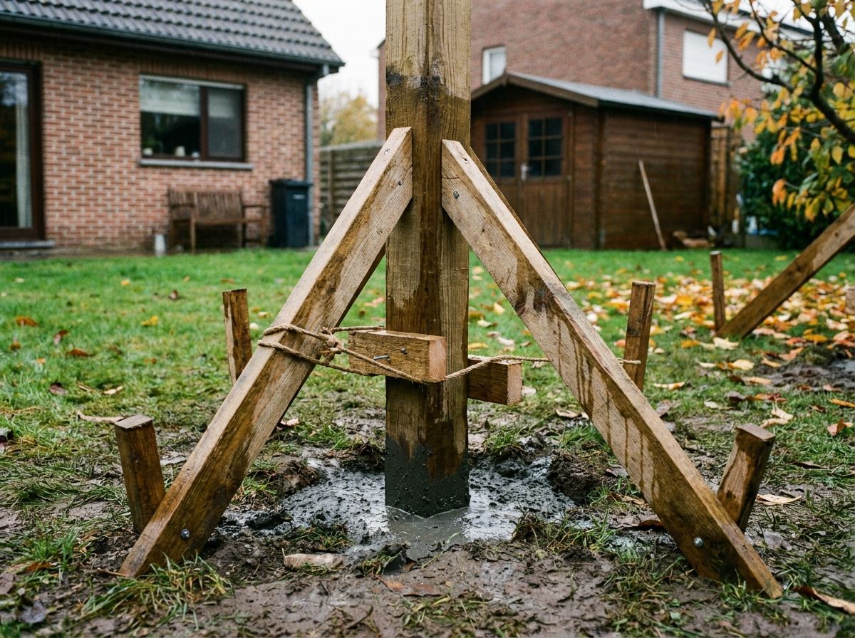 Een gestutte houten paal in de tuin terwijl het gestorte sneldrogende beton snel uithardt
