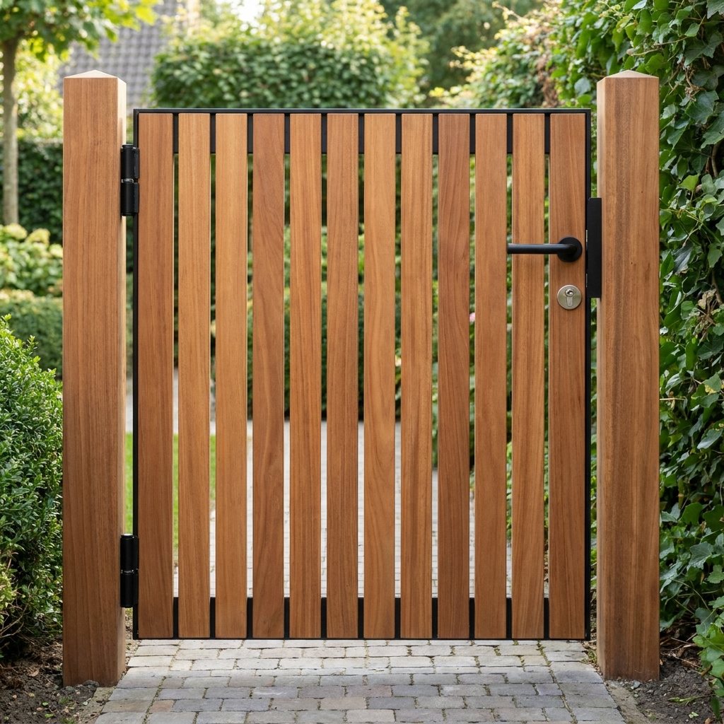Stijlvolle poortdeuren met verticale houten latten en een strak zwart frame in de tuin