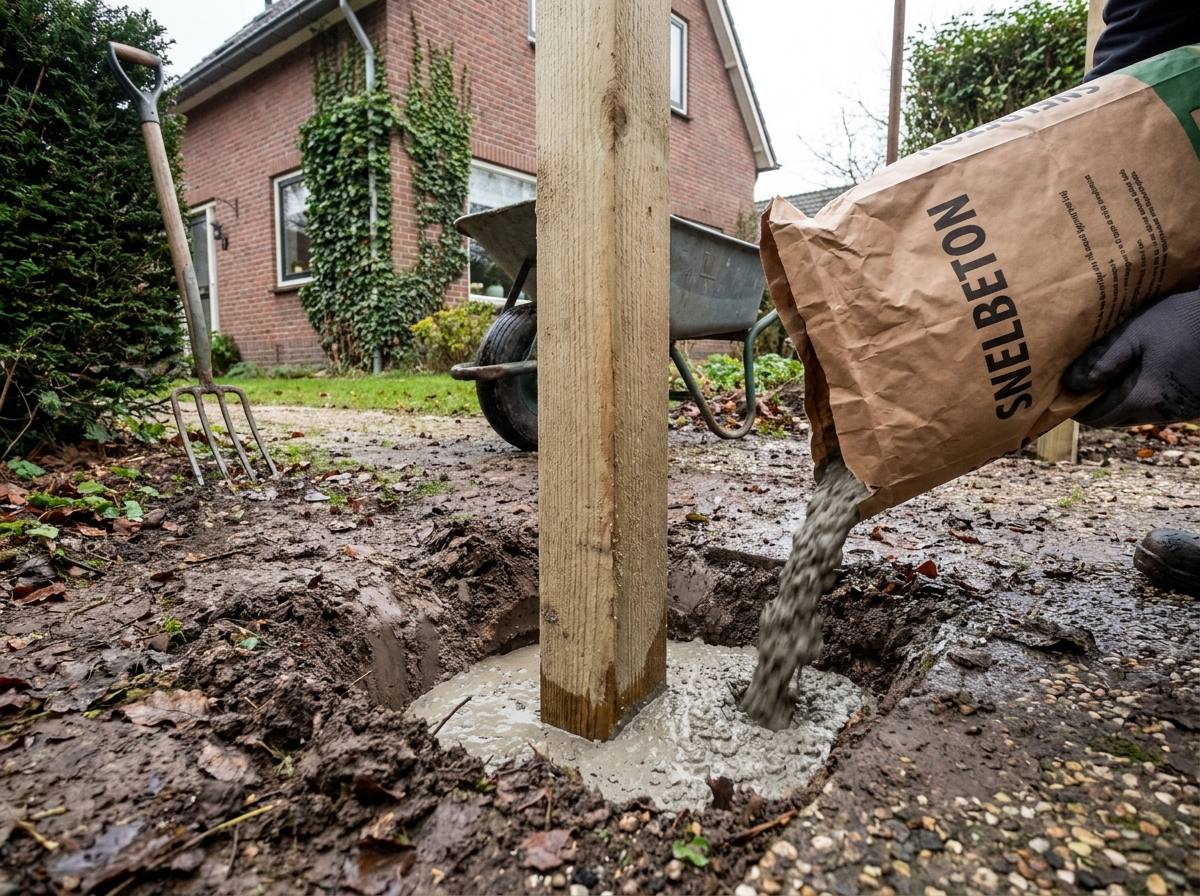 Sneldrogend beton wordt direct vanuit de zak in het paalgat rond de houten paal gestort