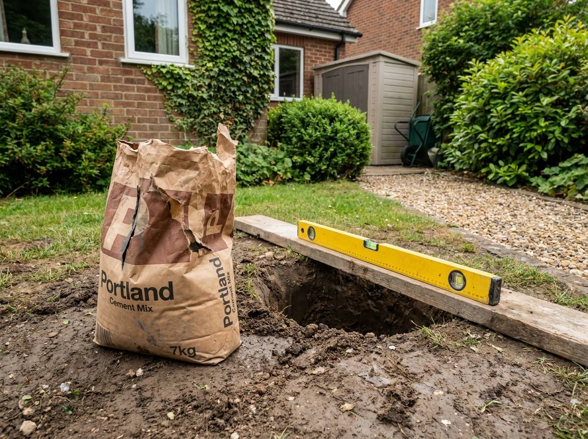 Voorbereiding voor het verankeren van houten tuinpalen met snelbeton in de tuin