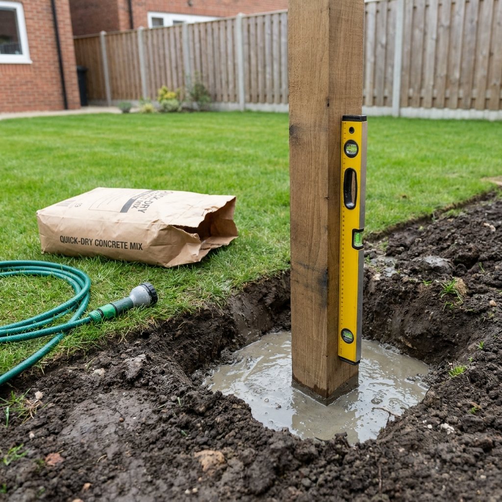 Houten paal stellen in een gegraven gat met behulp van sneldrogend cement en een waterpas
