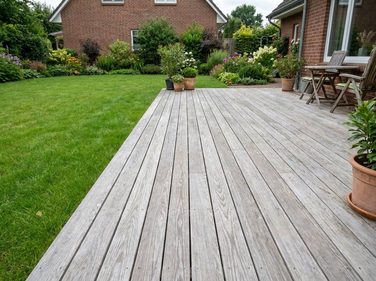 Vlonderterras van vergrijsd lariks hout Strak aangelegd vlonderterras van vergrijsd lariks hout grenzend aan het gazon in de achtertuin