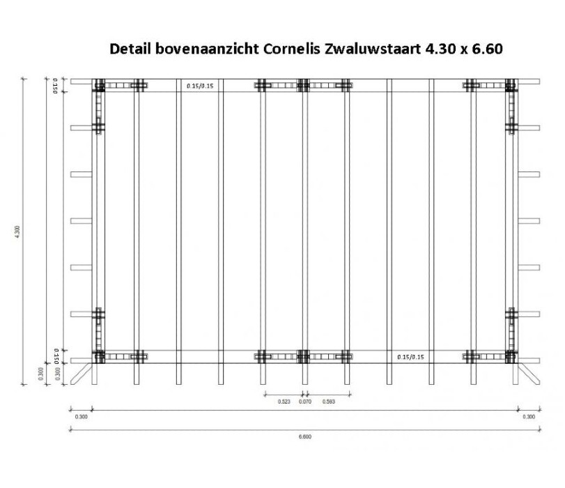 Detail bovenaanzicht overkapping cornelis met zwaluwstaart