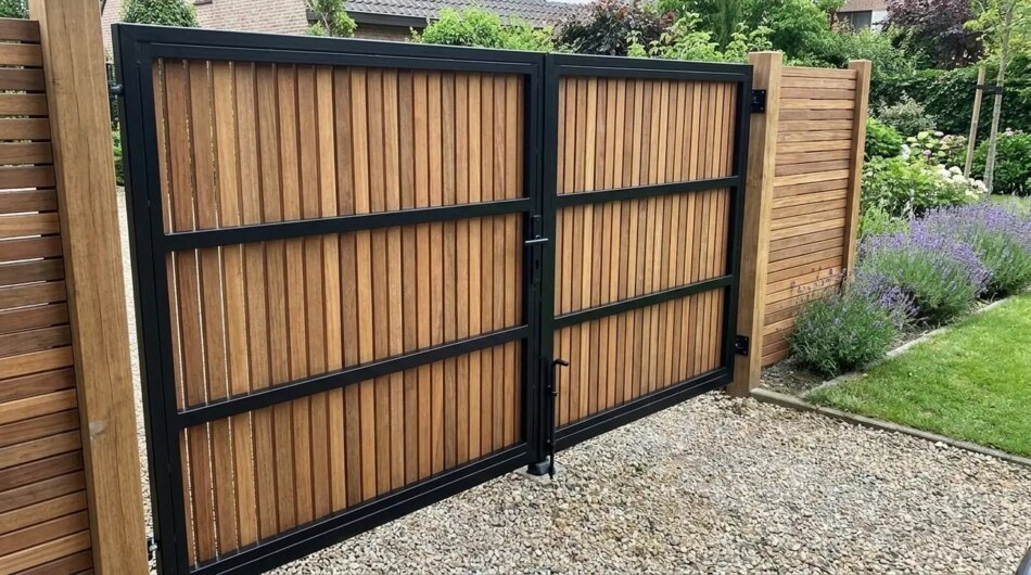 Ipe dubbele poort op maat, enkel bekleed, achterkant met zwart frame