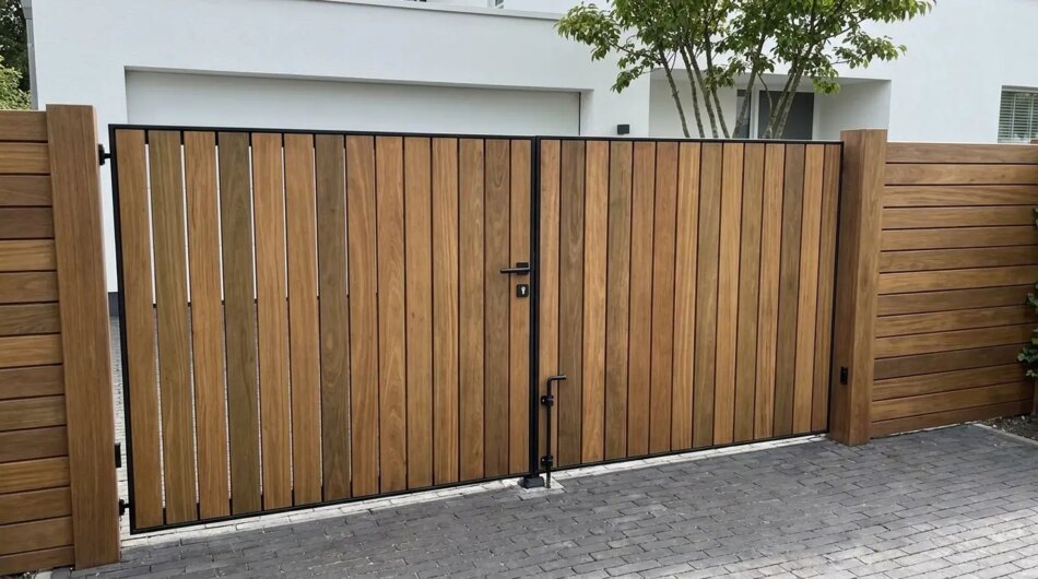 Ipe dubbele poort op maat voor een oprit, lamellen van 9 cm