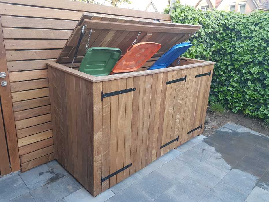 Luxe Ipe Lamellen Schutting met Geïntegreerde Kliko Ombouw