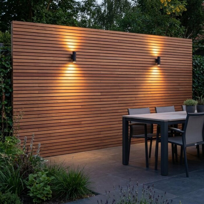 Ipe lamellenwand 5 cm met up-down ledverlichting in de avond