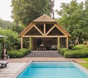 Poolhouse van Eiken of Douglas op maat gemaakt, bouwtekening, pen en gat verbindingen