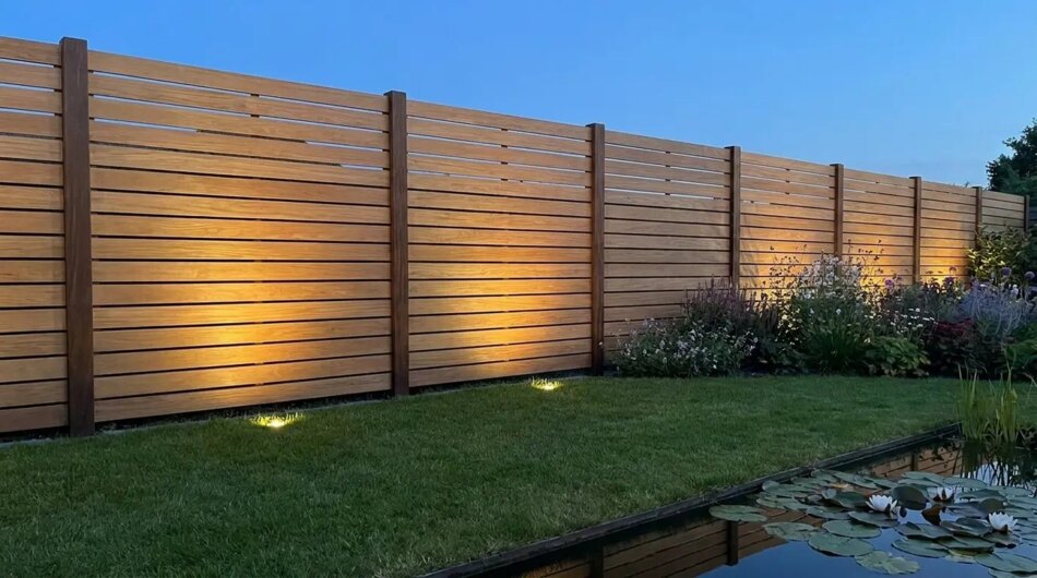 Teak schutting van 7 cm lamellen met grondspots bij een vijver in de avond