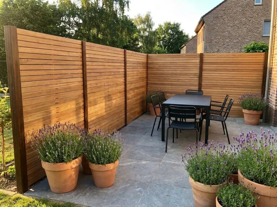 Teak schutting van 7 cm lamellen om een terras met eettafel en lavendel