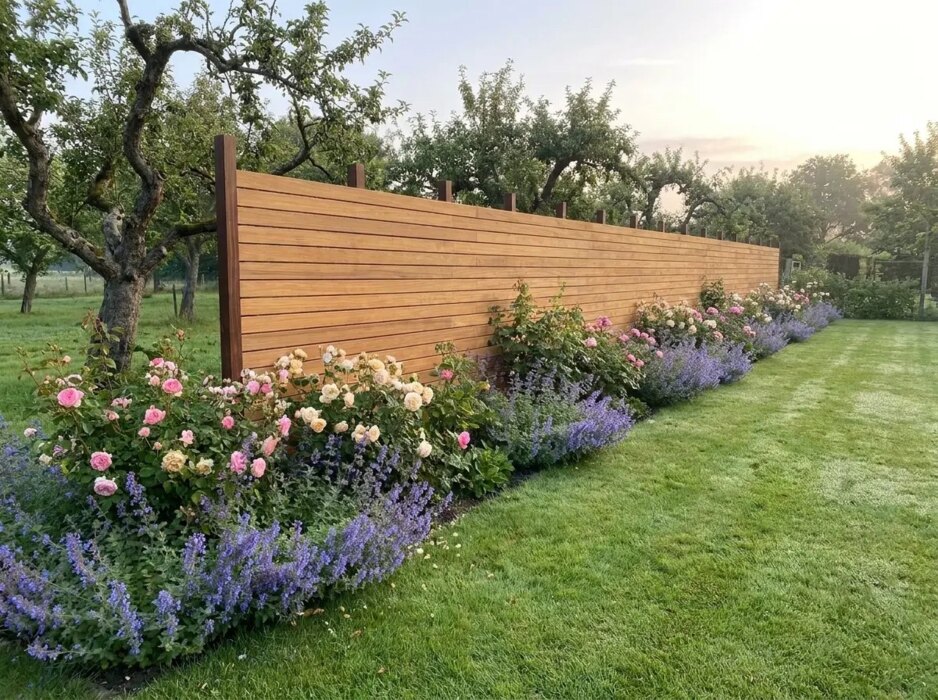 Teak schutting met lamellen van 9 cm in een landelijke tuin met rozen en fruitbomen