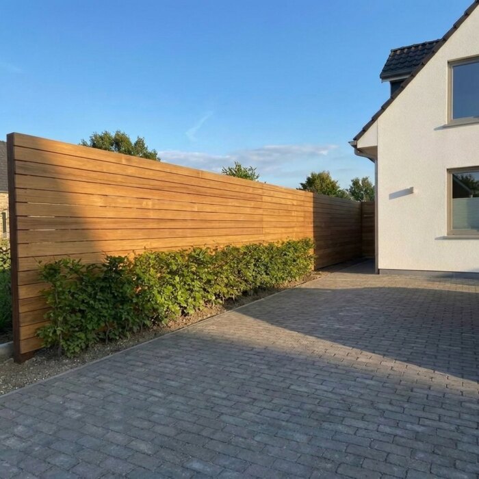 Lange teak schutting van 9 cm lamellen op maat langs een oprit Lange teak schutting van 9 cm lamellen op maat langs een oprit