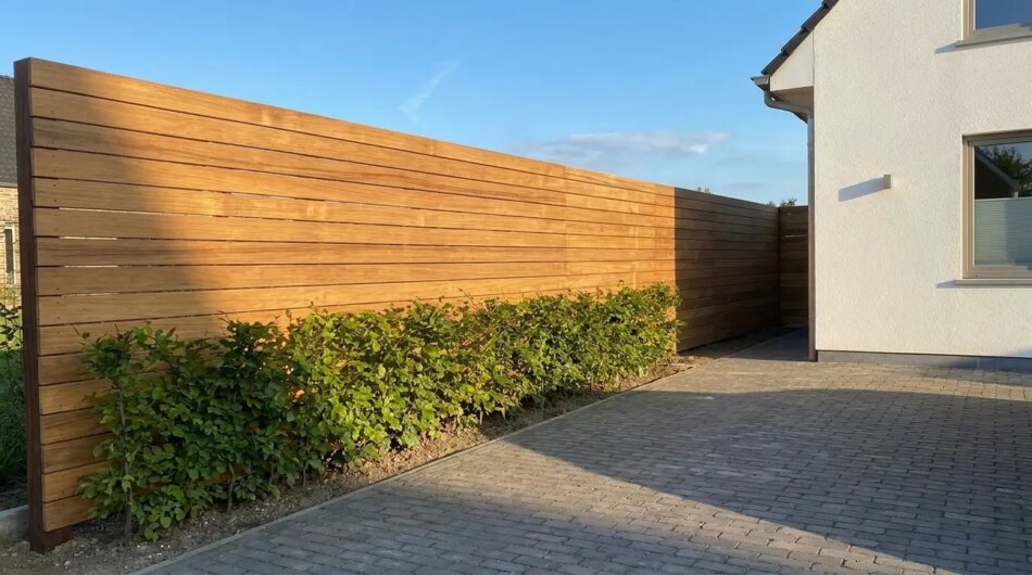 Teak schutting van 9 cm lamellen langs een oprit met beukenhaag