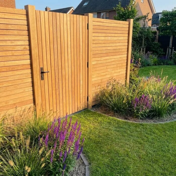 Teak tuinpoort van 5 cm lamellen in een teak schutting achter een border met siergrassen