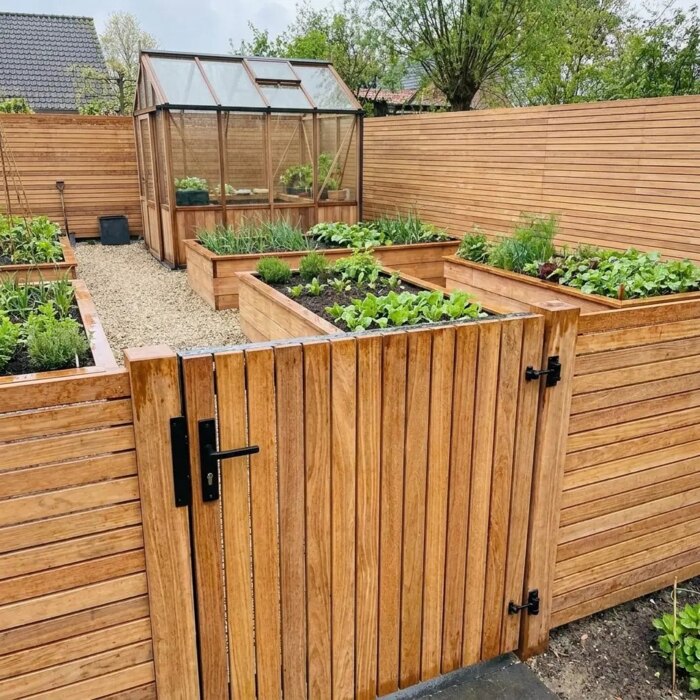 Teak tuinpoort van 7 cm lamellen in een teak schutting rond een moestuin met kas