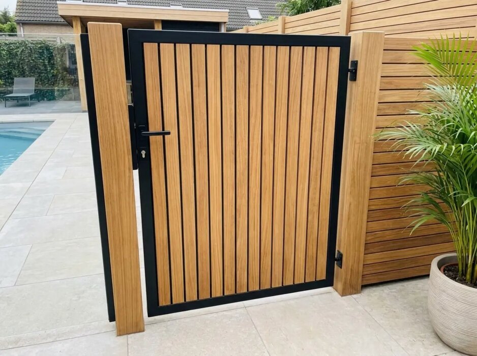 Teak poort op maat tussen terras en zwembad, lamellen van 9 cm