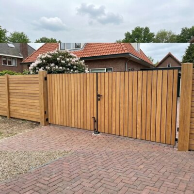 Teak dubbele poort op maat voor een oprit, lamellen van 9 cm