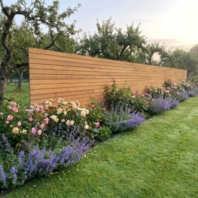 Teak schutting met lamellen van 9 cm in een landelijke tuin met rozen en fruitbomen