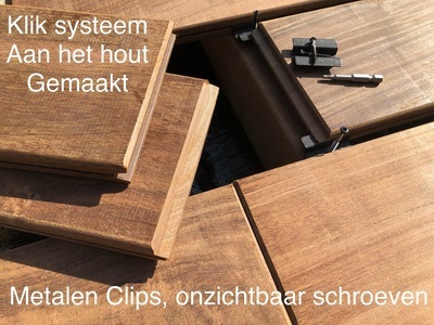 Vlonderplanken van ipe hardhout met veer en groef aan kopse kant voor in te klikken