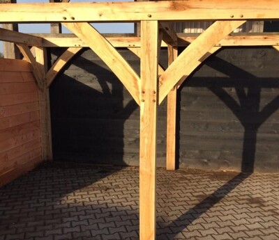 Genummerde bouwtekening van maatwerk Douglas of eiken overkapping