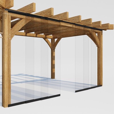 Buitenkamer onder eiken overkapping met glas Eiken overkapping met glazen schuifdeuren