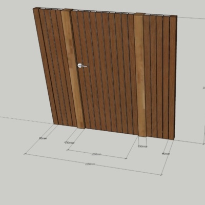 Bovenaanzicht van een dubbele Ip&eacute; poort met twee zware poortpalen en zijpanelen volgens technische tekening