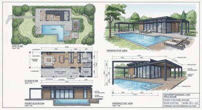 Ontwerptekening van luxe overkapping op maat Luxe overkapping poolhouse ontwerp tekening